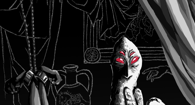 Cropped image detail: a birdlike four-eyed angel head, and a pair of cuffed demonic hands